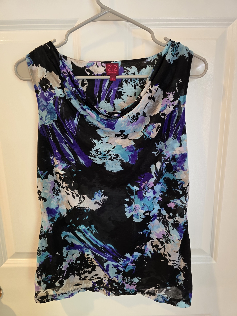 212 Collection Black Floral Cowl Neck Tank with Blue and Purple Accents